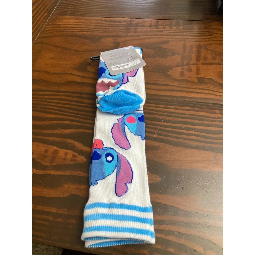 Disney Knee High Stitch Socks Cartoon Novelty White Blue NWT Shoe Size 4-10 Girl